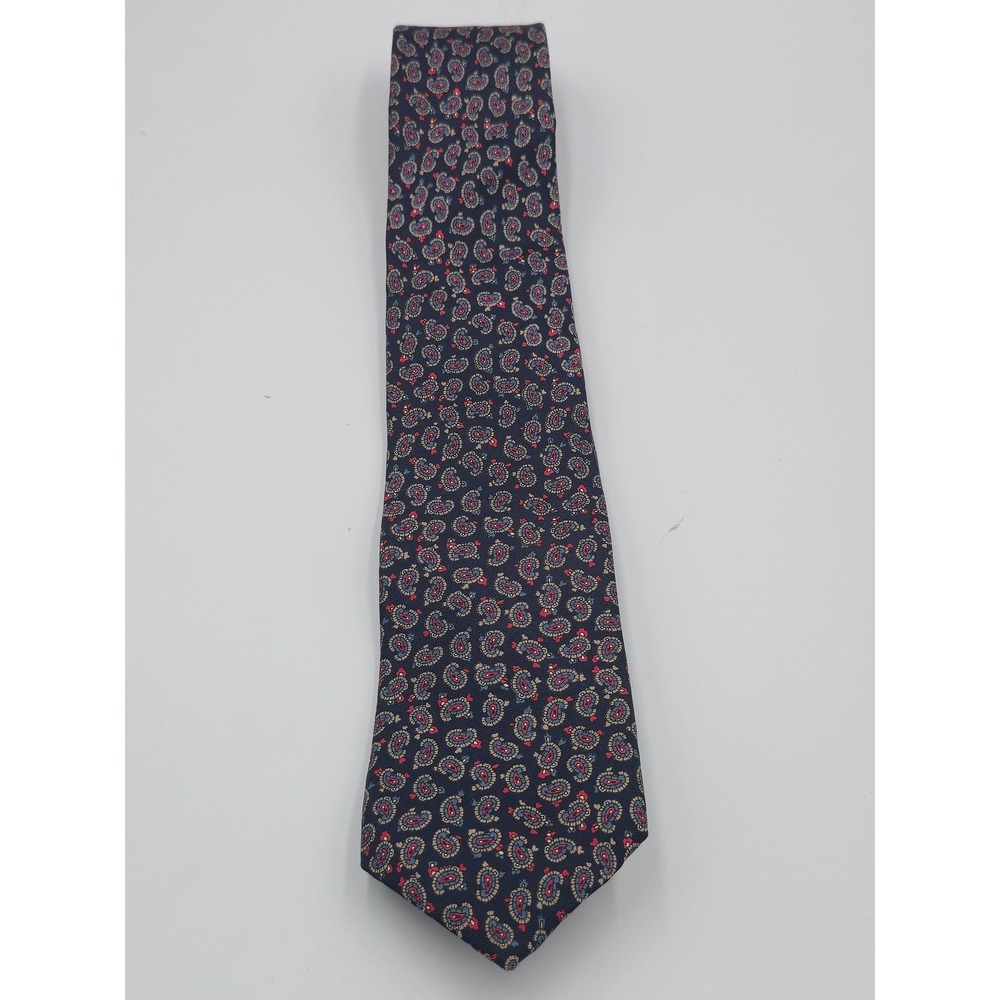 Hardy Amies London Mens Silk Tie Navy Blue Red Paisley Geometric Print Necktie